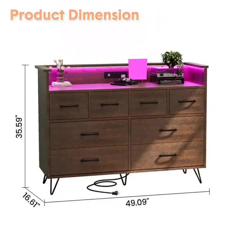 8 Drawer Dresser, Dresser TV Stand for Bedroom with LED Lights and Power Outlet, Wide Chest of Drawers for Hallway, Living Room, Entryway