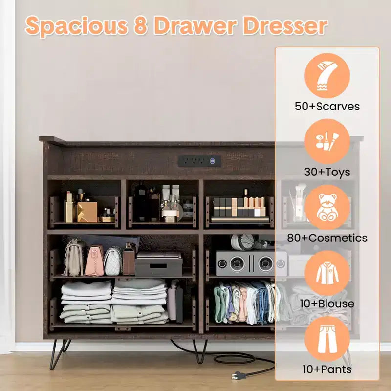 8 Drawer Dresser, Dresser TV Stand for Bedroom with LED Lights and Power Outlet, Wide Chest of Drawers for Hallway, Living Room, Entryway