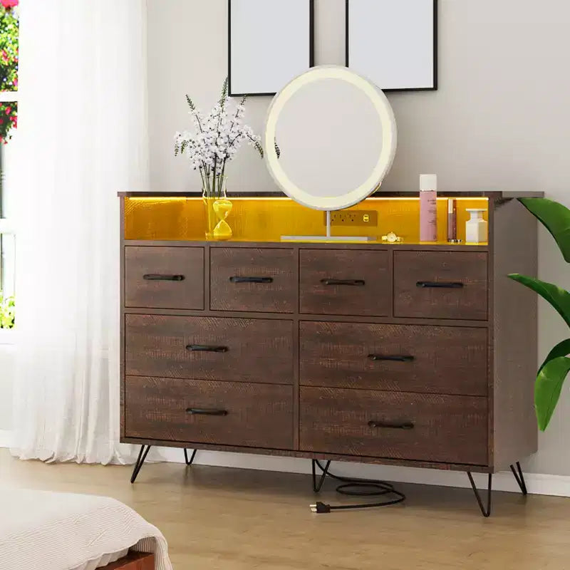 8 Drawer Dresser, Dresser TV Stand for Bedroom with LED Lights and Power Outlet, Wide Chest of Drawers for Hallway, Living Room, Entryway