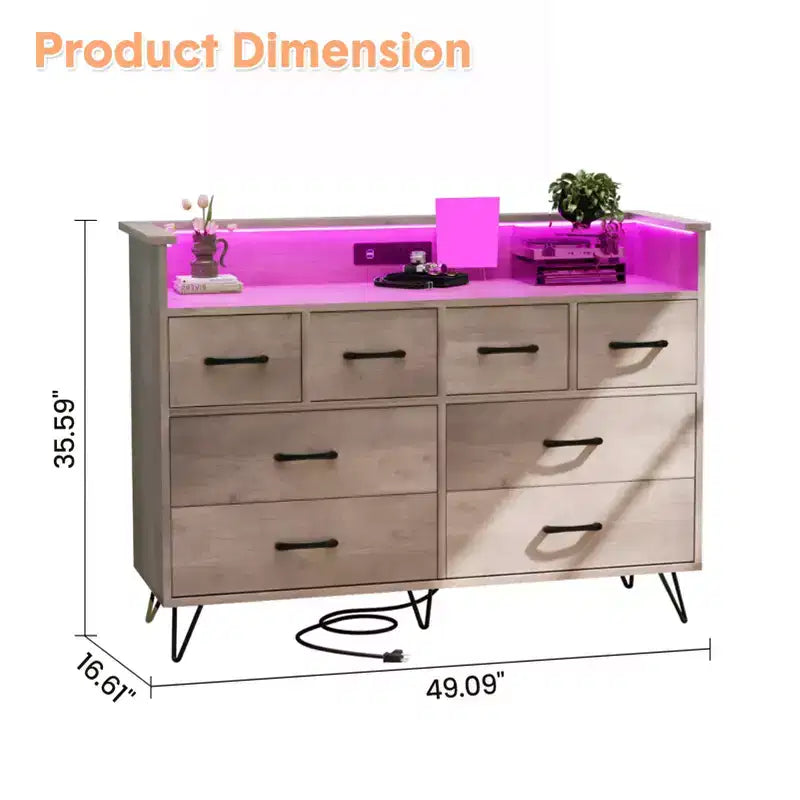 8 Drawer Dresser, Dresser TV Stand for Bedroom with LED Lights and Power Outlet, Wide Chest of Drawers for Hallway, Living Room, Entryway