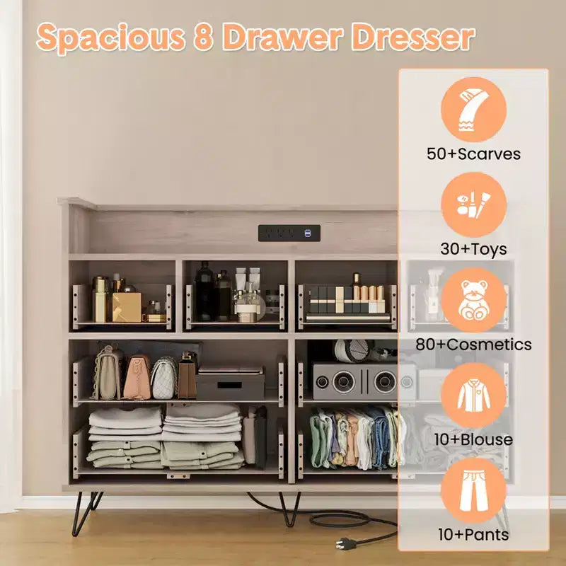 8 Drawer Dresser, Dresser TV Stand for Bedroom with LED Lights and Power Outlet, Wide Chest of Drawers for Hallway, Living Room, Entryway