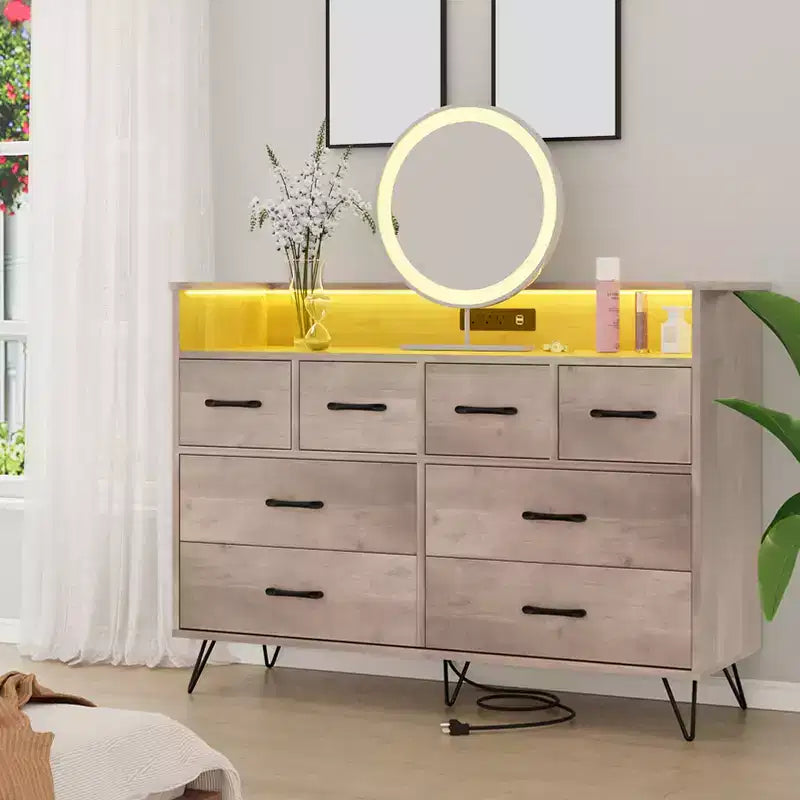 8 Drawer Dresser, Dresser TV Stand for Bedroom with LED Lights and Power Outlet, Wide Chest of Drawers for Hallway, Living Room, Entryway