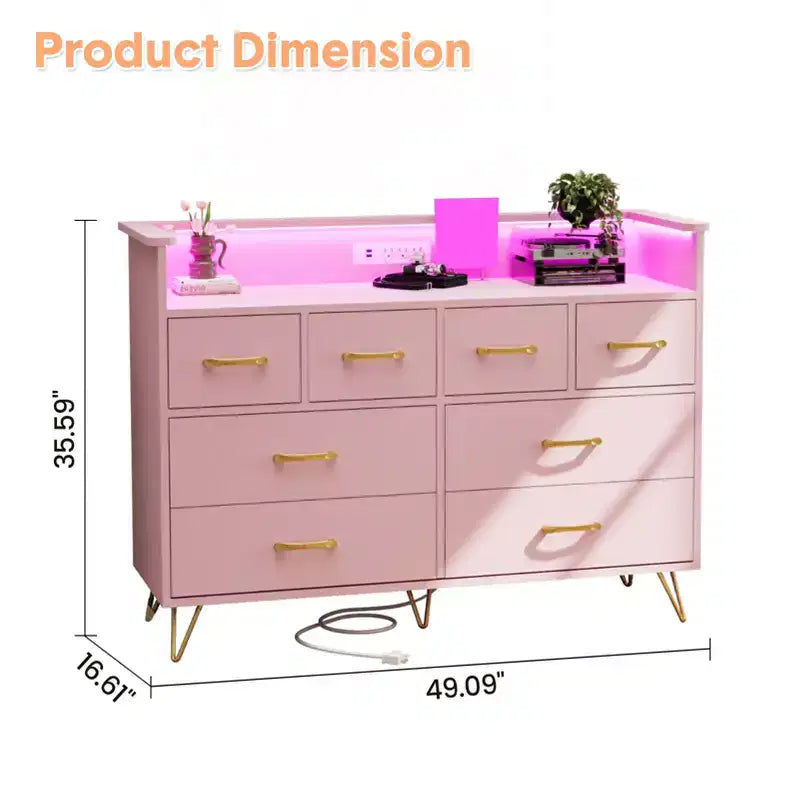 8 Drawer Dresser, Dresser TV Stand for Bedroom with LED Lights and Power Outlet, Wide Chest of Drawers for Hallway, Living Room, Entryway