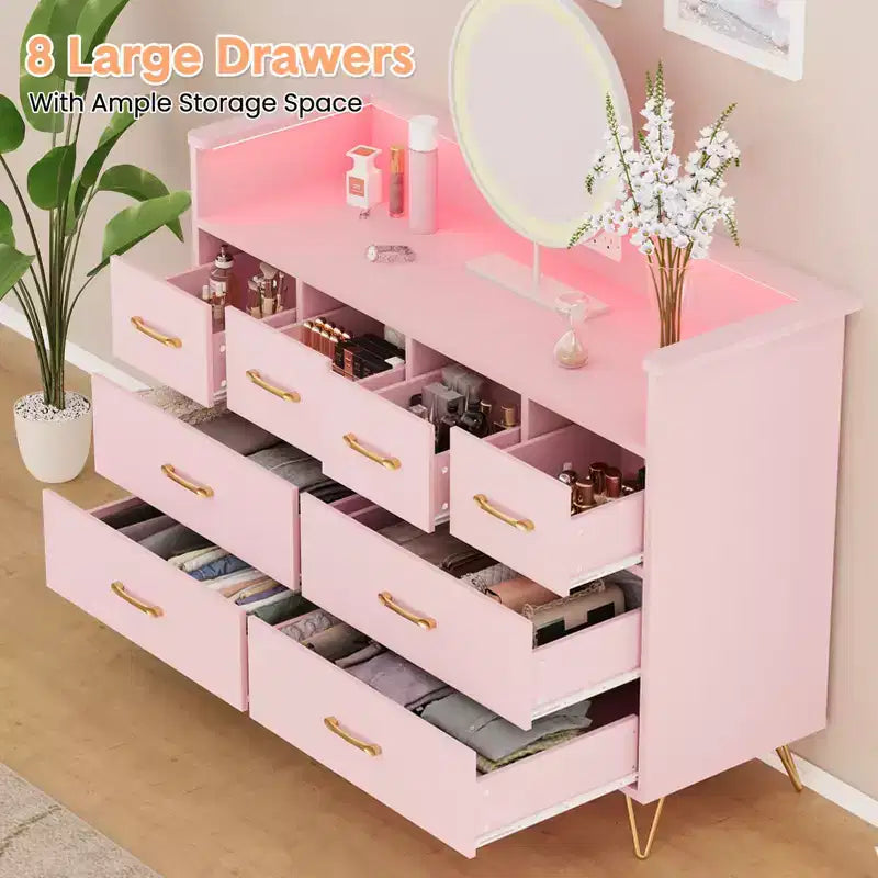 8 Drawer Dresser, Dresser TV Stand for Bedroom with LED Lights and Power Outlet, Wide Chest of Drawers for Hallway, Living Room, Entryway
