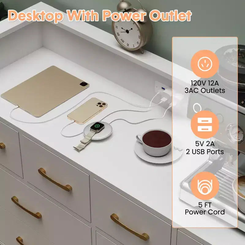 8 Drawer Dresser, Dresser TV Stand for Bedroom with LED Lights and Power Outlet, Wide Chest of Drawers for Hallway, Living Room, Entryway