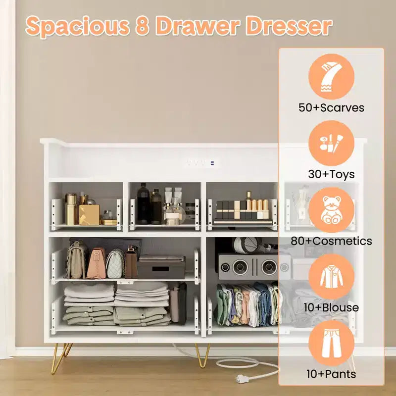 8 Drawer Dresser, Dresser TV Stand for Bedroom with LED Lights and Power Outlet, Wide Chest of Drawers for Hallway, Living Room, Entryway