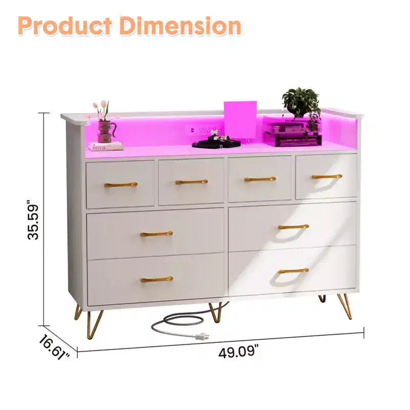 8 Drawer Dresser, Dresser TV Stand for Bedroom with LED Lights and Power Outlet, Wide Chest of Drawers for Hallway, Living Room, Entryway