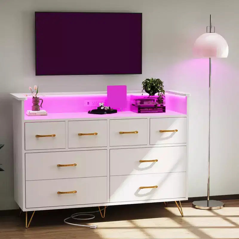 8 Drawer Dresser, Dresser TV Stand for Bedroom with LED Lights and Power Outlet, Wide Chest of Drawers for Hallway, Living Room, Entryway