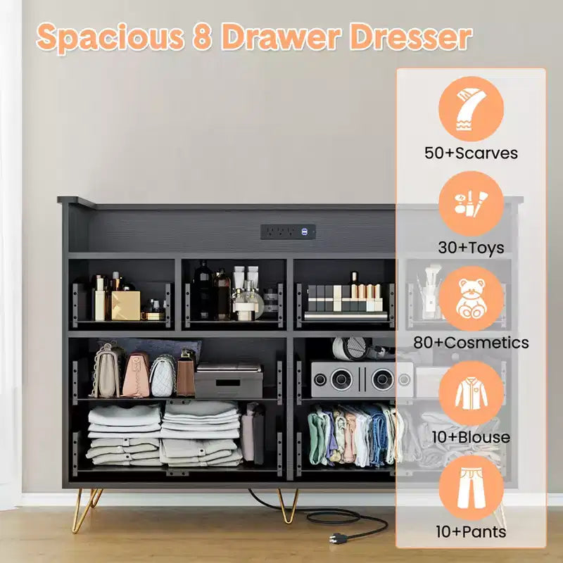 8 Drawer Dresser, Dresser TV Stand for Bedroom with LED Lights and Power Outlet, Wide Chest of Drawers for Hallway, Living Room, Entryway