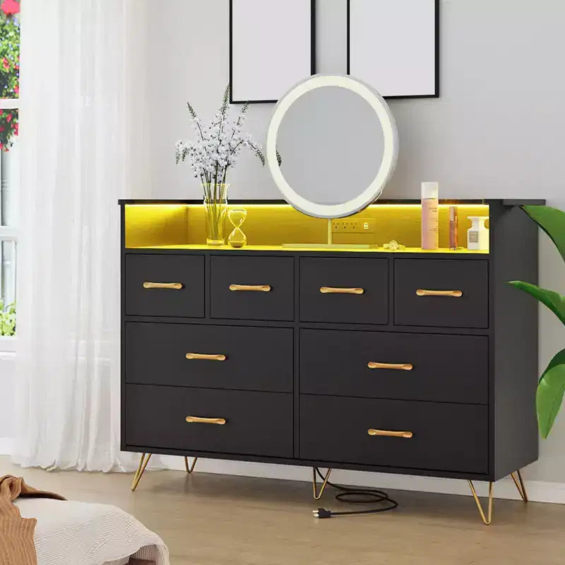 8 Drawer Dresser, Dresser TV Stand for Bedroom with LED Lights and Power Outlet, Wide Chest of Drawers for Hallway, Living Room, Entryway