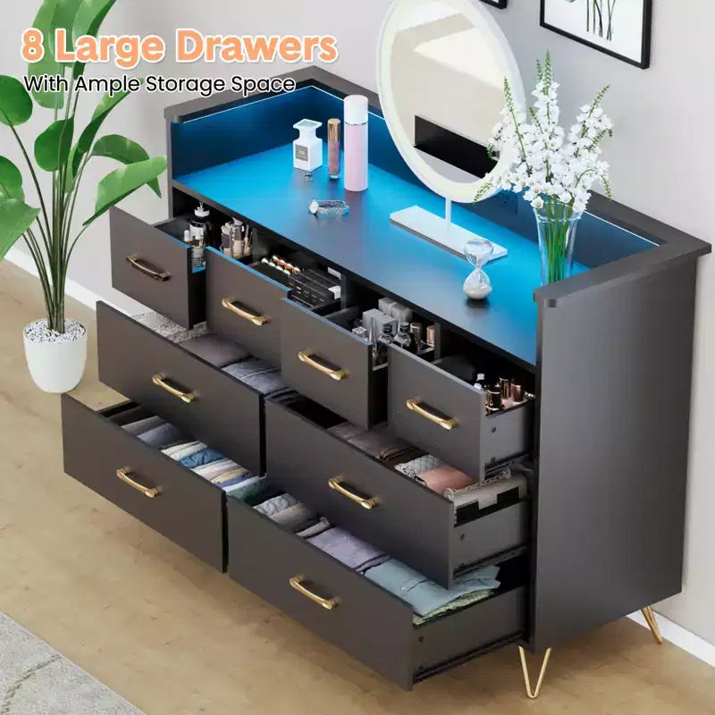 8 Drawer Dresser, Dresser TV Stand for Bedroom with LED Lights and Power Outlet, Wide Chest of Drawers for Hallway, Living Room, Entryway