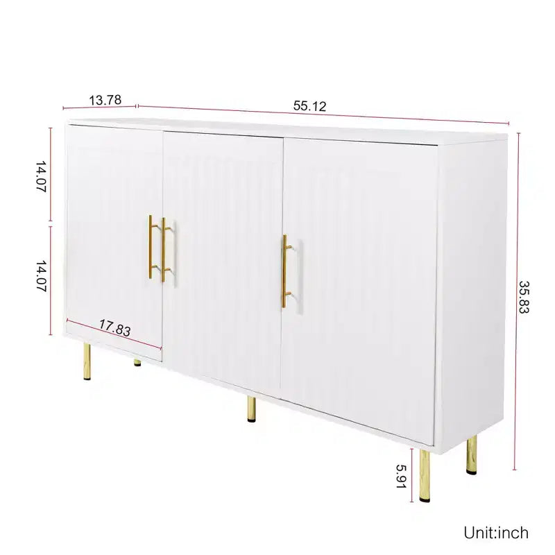 Homy Casa Modern White Accent Cabinet with Fluted Doors and Gold Metal Legs, Storage Sideboard for Living Room