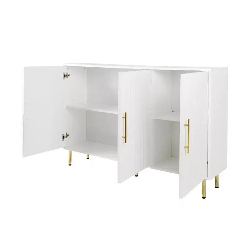 Homy Casa Modern White Accent Cabinet with Fluted Doors and Gold Metal Legs, Storage Sideboard for Living Room