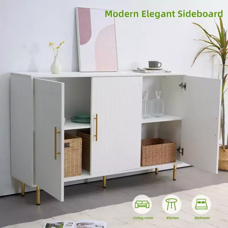 Homy Casa Modern White Accent Cabinet with Fluted Doors and Gold Metal Legs, Storage Sideboard for Living Room