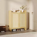 Acekool Rattan 2-Door Shoe Cabinet, Wooden Shoe Storage with Adjustable Shelves and Guardrail Top for Entryway, Light Oak