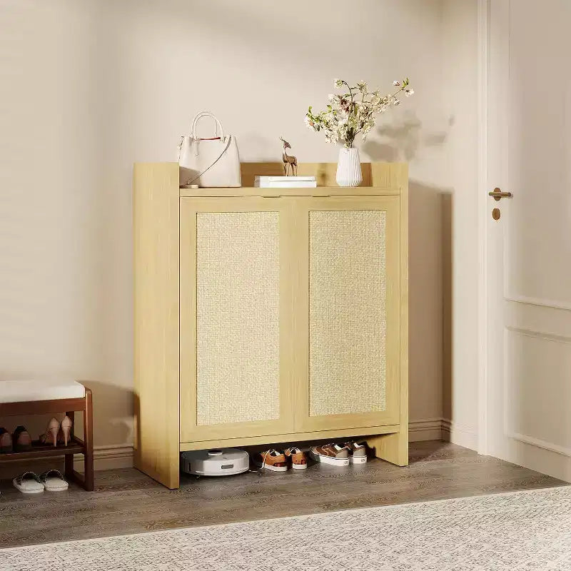 Acekool Rattan 2-Door Shoe Cabinet, Wooden Shoe Storage with Adjustable Shelves and Guardrail Top for Entryway, Light Oak