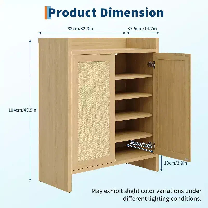 Acekool Rattan 2-Door Shoe Cabinet, Wooden Shoe Storage with Adjustable Shelves and Guardrail Top for Entryway, Light Oak