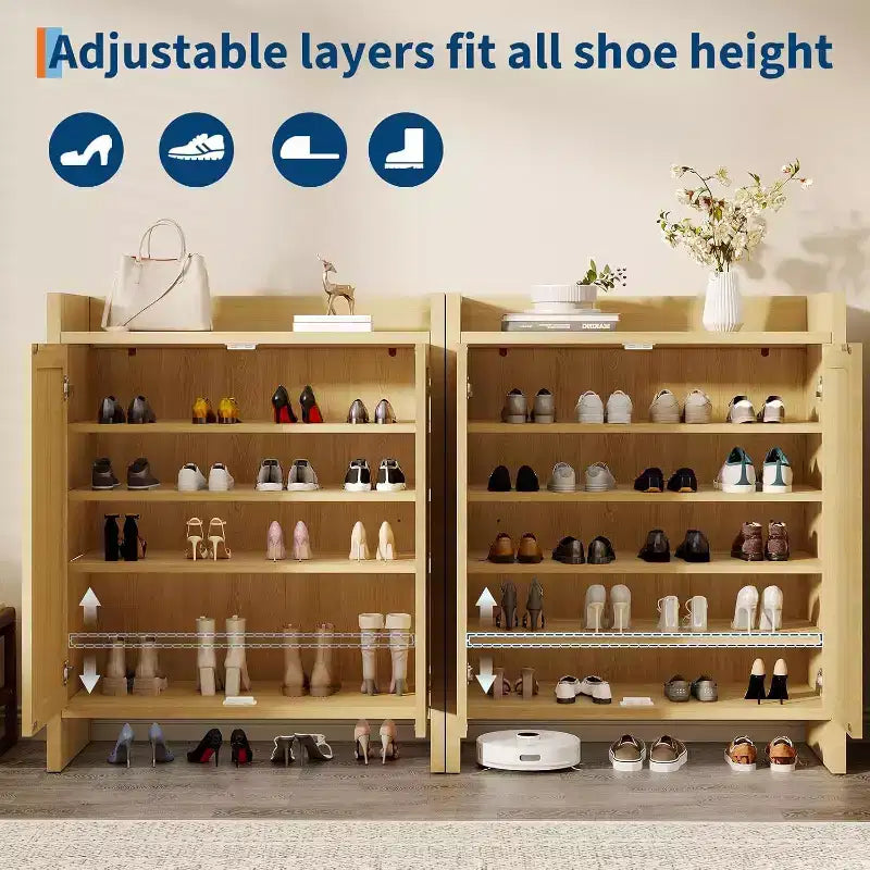 Acekool Rattan 2-Door Shoe Cabinet, Wooden Shoe Storage with Adjustable Shelves and Guardrail Top for Entryway, Light Oak