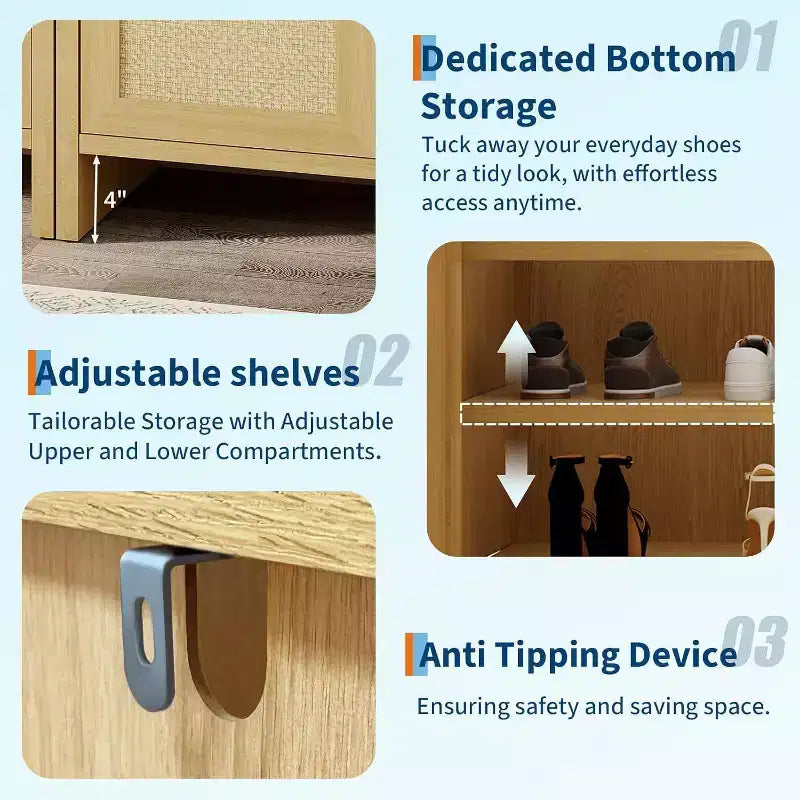 Acekool Rattan 2-Door Shoe Cabinet, Wooden Shoe Storage with Adjustable Shelves and Guardrail Top for Entryway, Light Oak