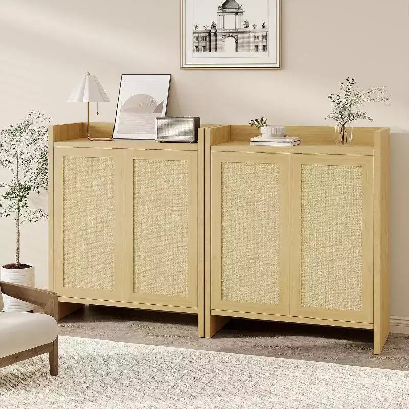 Acekool Rattan 2-Door Shoe Cabinet, Wooden Shoe Storage with Adjustable Shelves and Guardrail Top for Entryway, Light Oak