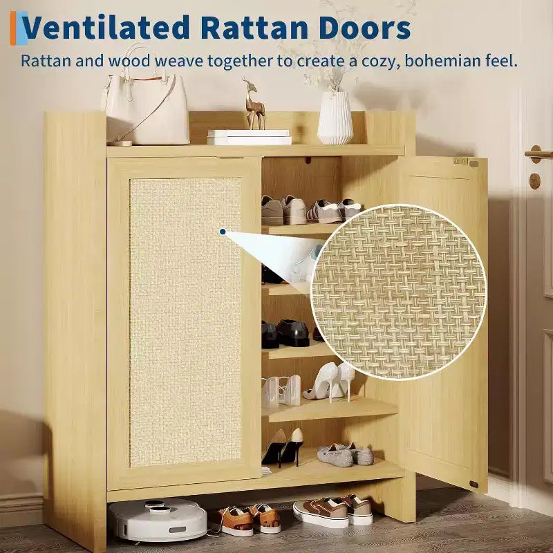 Acekool Rattan 2-Door Shoe Cabinet, Wooden Shoe Storage with Adjustable Shelves and Guardrail Top for Entryway, Light Oak
