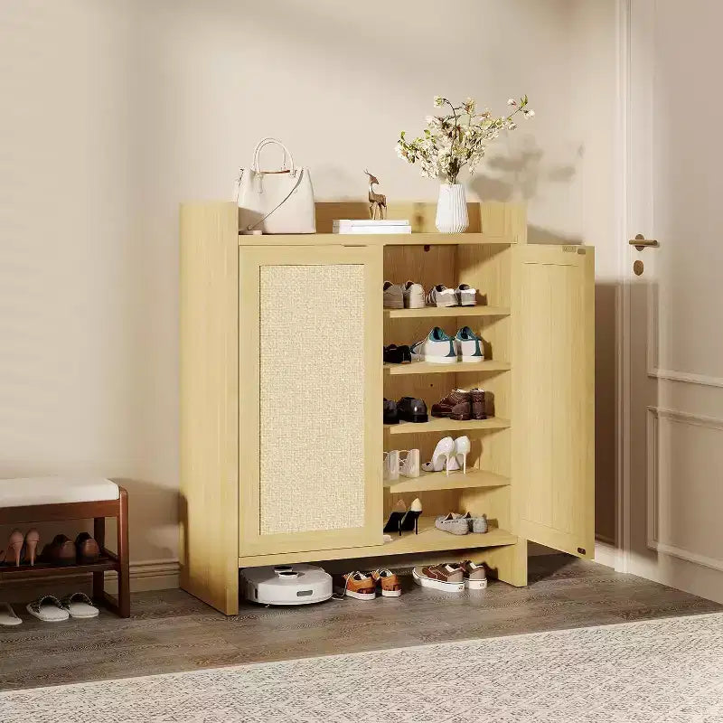 Acekool Rattan 2-Door Shoe Cabinet, Wooden Shoe Storage with Adjustable Shelves and Guardrail Top for Entryway, Light Oak
