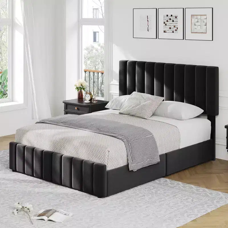 COZONY Bed Frame with 4 Storage Drawers, Adjustable Height Headboard, Linen Upholstered Platform Bed, No Box Spring Needed, Easy Assembly