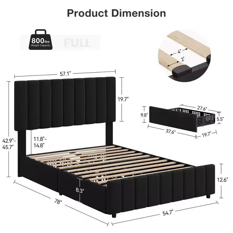 COZONY Bed Frame with 4 Storage Drawers, Adjustable Height Headboard, Linen Upholstered Platform Bed, No Box Spring Needed, Easy Assembly