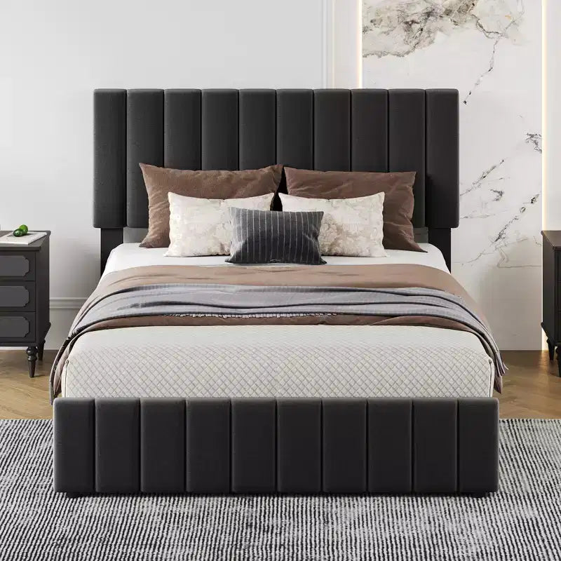 COZONY Bed Frame with 4 Storage Drawers, Adjustable Height Headboard, Linen Upholstered Platform Bed, No Box Spring Needed, Easy Assembly
