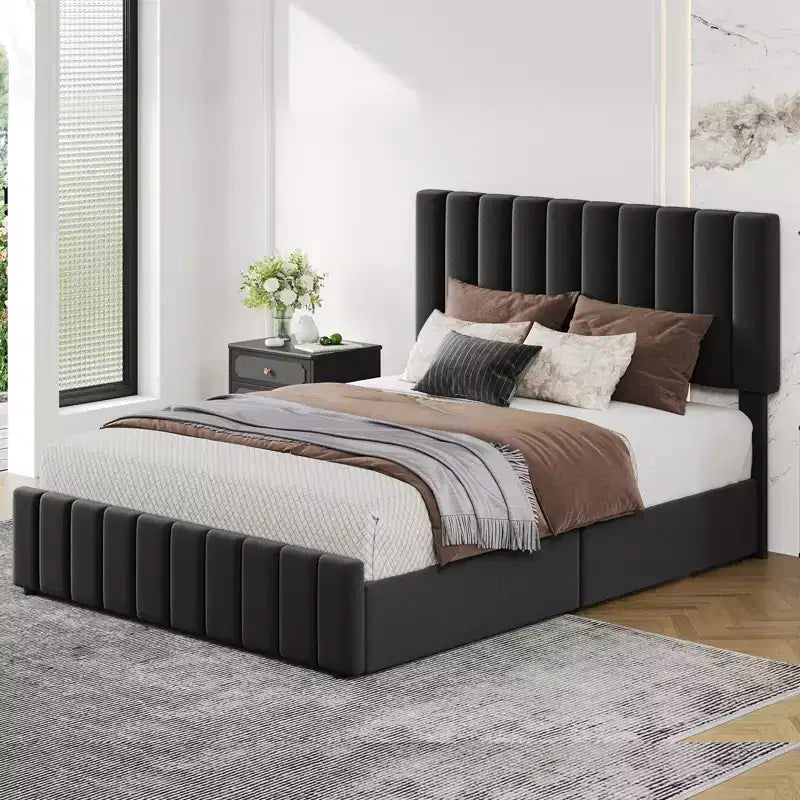COZONY Bed Frame with 4 Storage Drawers, Adjustable Height Headboard, Linen Upholstered Platform Bed, No Box Spring Needed, Easy Assembly
