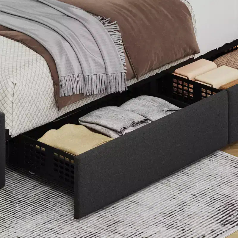 COZONY Bed Frame with 4 Storage Drawers, Adjustable Height Headboard, Linen Upholstered Platform Bed, No Box Spring Needed, Easy Assembly