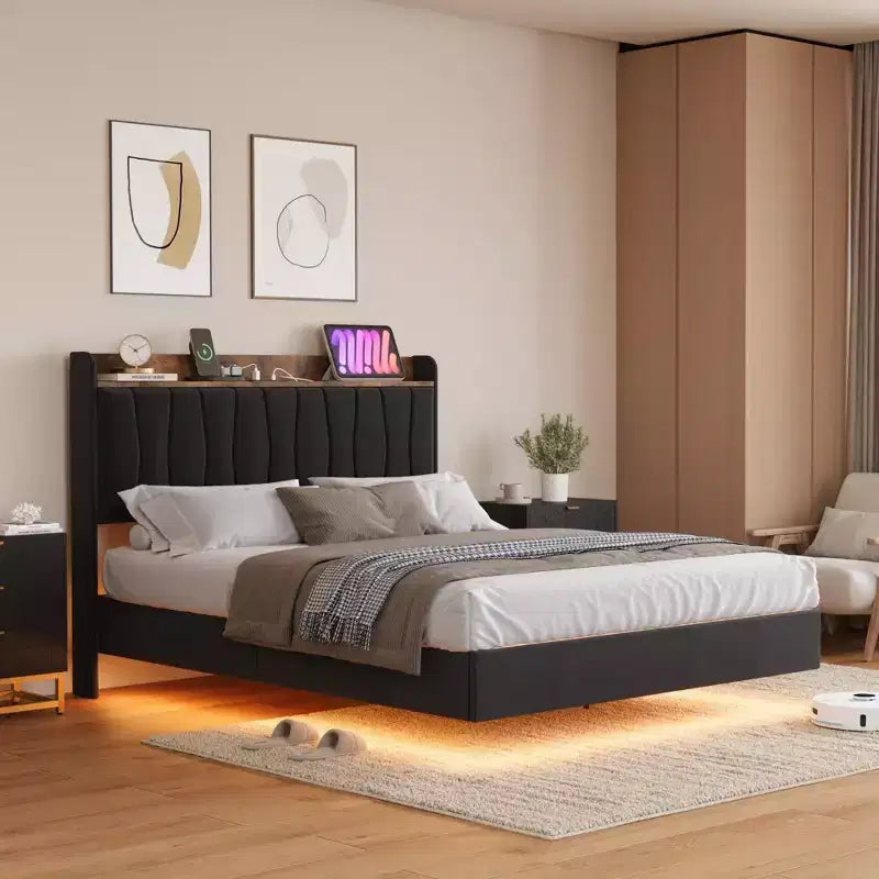 loating Upholstered Platform Bed Frame with Lights & Charging Station Linen Fabric, No Box Spring Needed