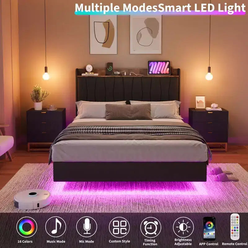 loating Upholstered Platform Bed Frame with Lights & Charging Station Linen Fabric, No Box Spring Needed