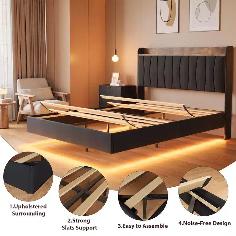 loating Upholstered Platform Bed Frame with Lights & Charging Station Linen Fabric, No Box Spring Needed