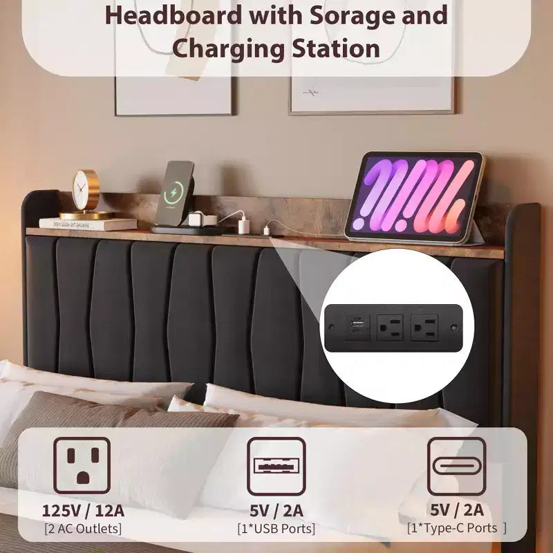 loating Upholstered Platform Bed Frame with Lights & Charging Station Linen Fabric, No Box Spring Needed