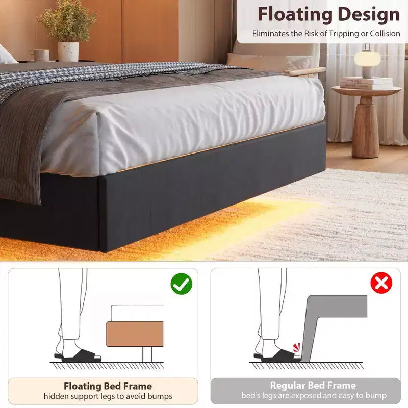 loating Upholstered Platform Bed Frame with Lights & Charging Station Linen Fabric, No Box Spring Needed