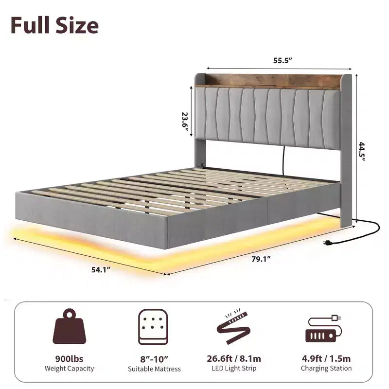 loating Upholstered Platform Bed Frame with Lights & Charging Station Linen Fabric, No Box Spring Needed