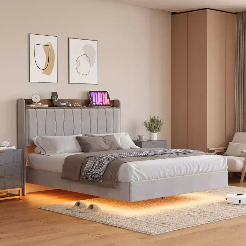 loating Upholstered Platform Bed Frame with Lights & Charging Station Linen Fabric, No Box Spring Needed