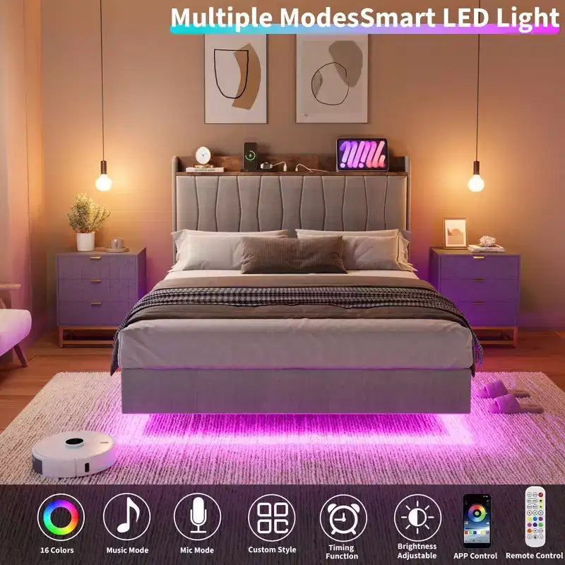 loating Upholstered Platform Bed Frame with Lights & Charging Station Linen Fabric, No Box Spring Needed