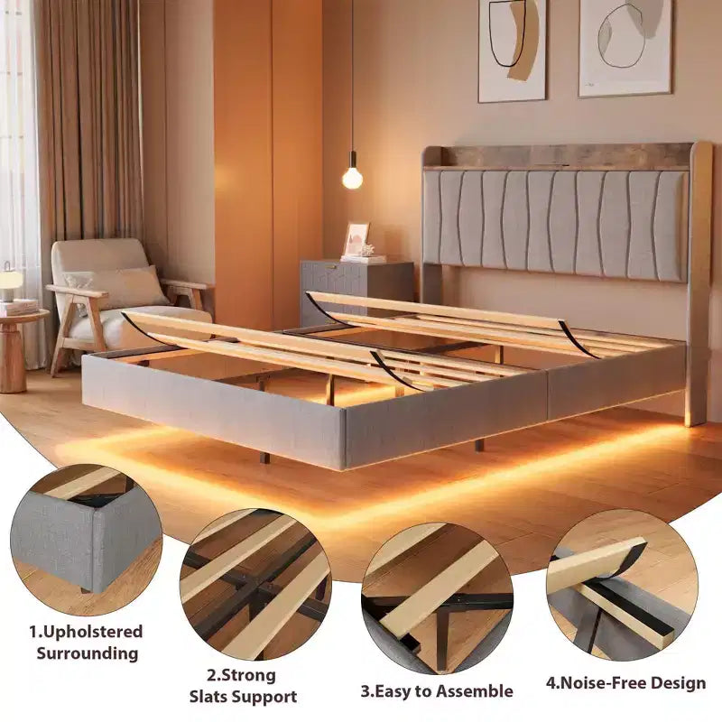 loating Upholstered Platform Bed Frame with Lights & Charging Station Linen Fabric, No Box Spring Needed