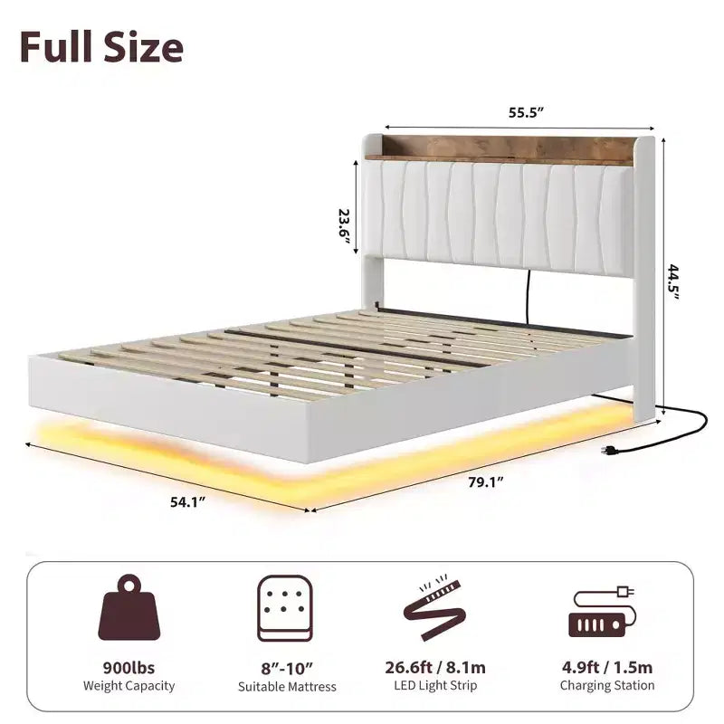 loating Upholstered Platform Bed Frame with Lights & Charging Station Linen Fabric, No Box Spring Needed