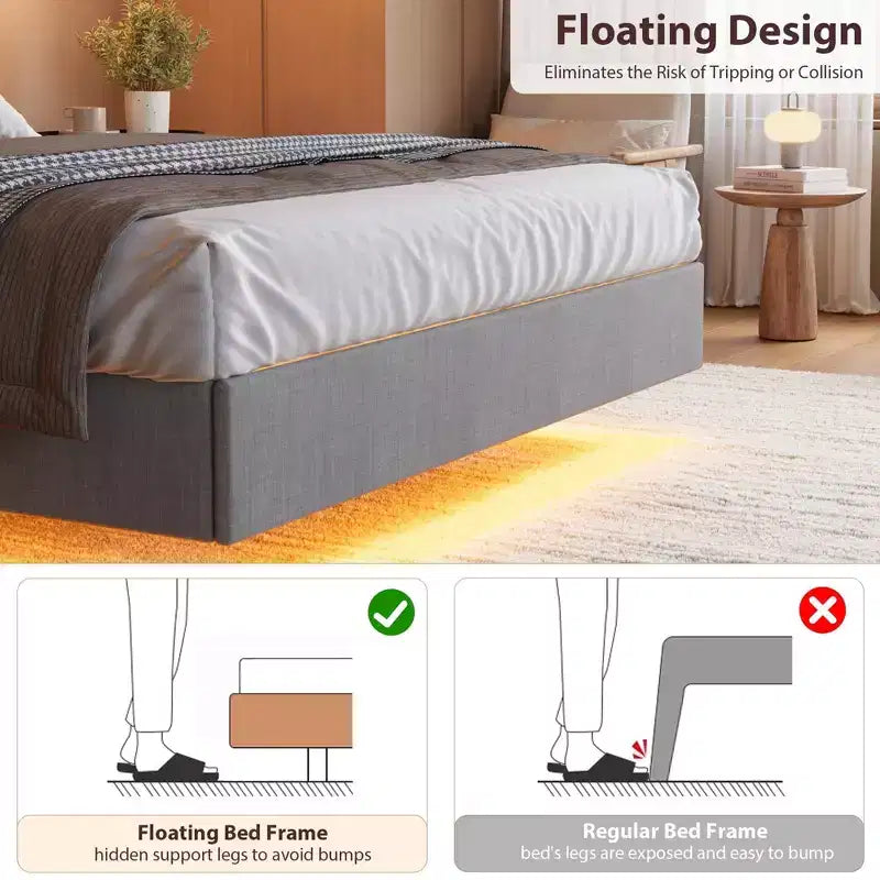 loating Upholstered Platform Bed Frame with Lights & Charging Station Linen Fabric, No Box Spring Needed