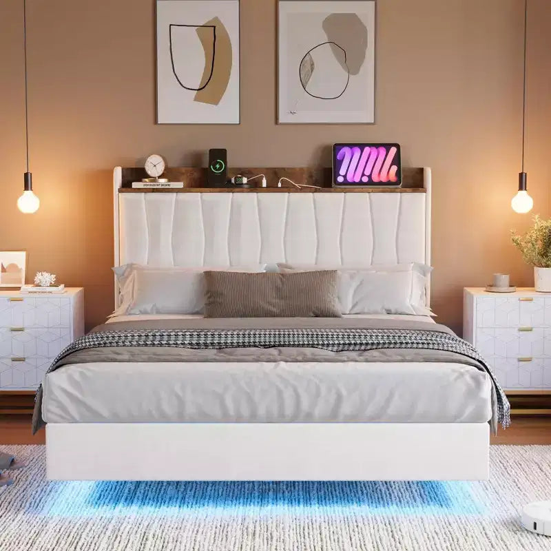 loating Upholstered Platform Bed Frame with Lights & Charging Station Linen Fabric, No Box Spring Needed