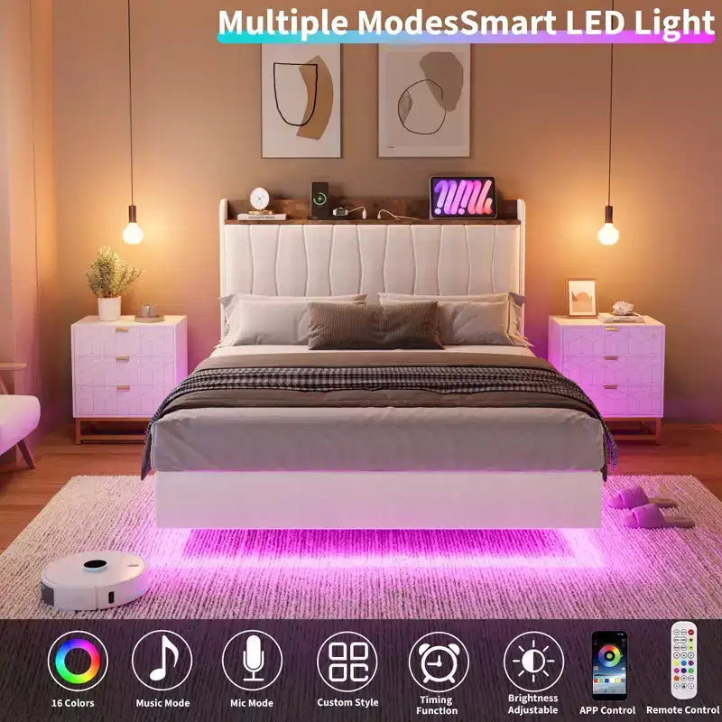 loating Upholstered Platform Bed Frame with Lights & Charging Station Linen Fabric, No Box Spring Needed