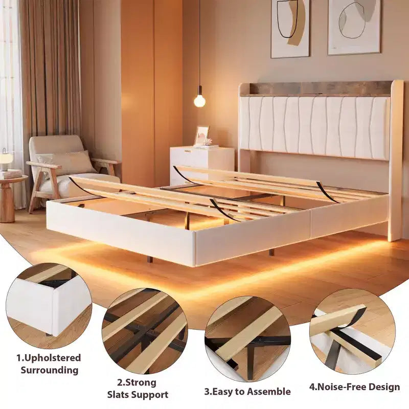 loating Upholstered Platform Bed Frame with Lights & Charging Station Linen Fabric, No Box Spring Needed