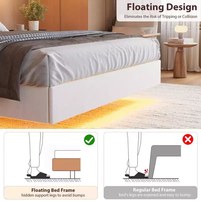 loating Upholstered Platform Bed Frame with Lights & Charging Station Linen Fabric, No Box Spring Needed