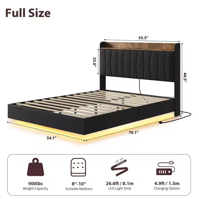 loating Upholstered Platform Bed Frame with Lights & Charging Station Linen Fabric, No Box Spring Needed