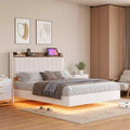 loating Upholstered Platform Bed Frame with Lights & Charging Station Linen Fabric, No Box Spring Needed