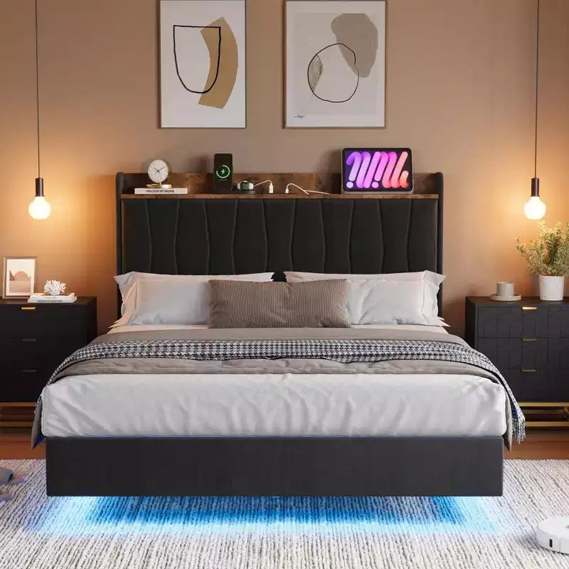 loating Upholstered Platform Bed Frame with Lights & Charging Station Linen Fabric, No Box Spring Needed