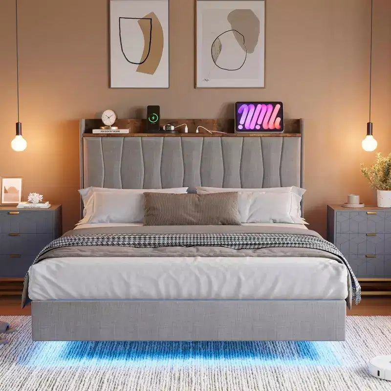 loating Upholstered Platform Bed Frame with Lights & Charging Station Linen Fabric, No Box Spring Needed